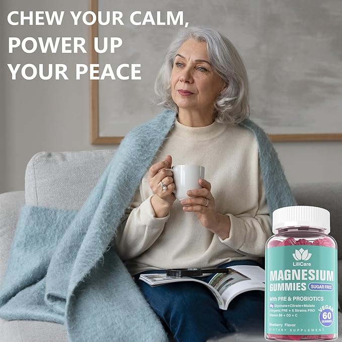 Magnesium Complex Gummies 400 mg for Women Men with Prebiotics and Probiotics Triple Calm Magnesium Glycinate Malate Citrate Gummy Supplement for Relaxation &amp Digestive Health-Sugar Free Vegan 1