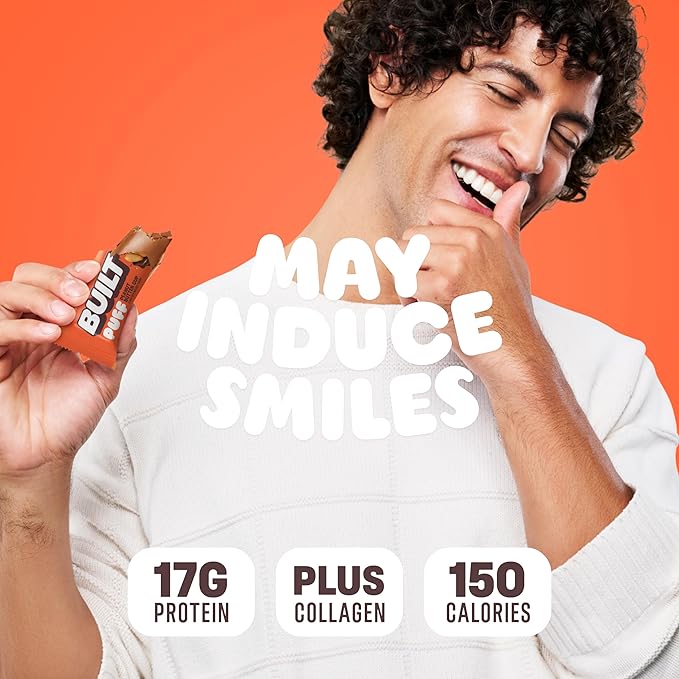 BUILT Bar Puff Protein Bars - Peanut Butter Cup - 17g Protein Snack Bars with Collagen - Calorie Conscious &amp Gluten Free - 12 Count