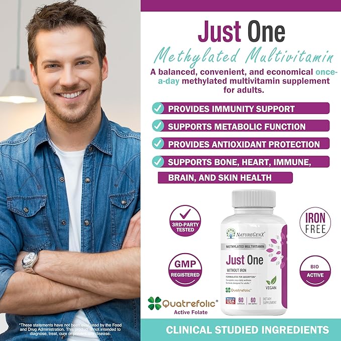 Just One Daily Methylated Multivitamin with Methyl B12 Quatrefolic Methylfolate Pure MTHFR Supplement for Men and Women Without Iron 2 Bottles (60 Vegan Capsules) USA-Made