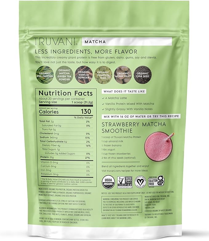 Truvani Vegan Pea Protein Powder | Matcha | 20g Organic Plant Based Protein | 20 Servings | Keto | Gluten &amp Dairy Free | Low Carb | No Added Sugar