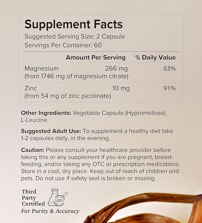 Potent &amp Pure Magnesium &amp Zinc Complex - Fully Reacted Magnesium with Chelated Zinc Picolinate - by Rootcha | 120 Capsules