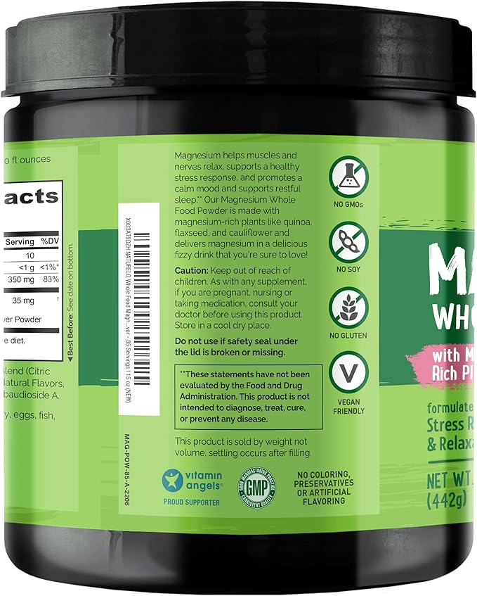 NATURELO Magnesium Powder - Whole Food Calm Magnesium Powder with Quinoa Cauliflower &amp Flaxseed for Stress Relief Raspberry Lemon 85 Servings 15oz