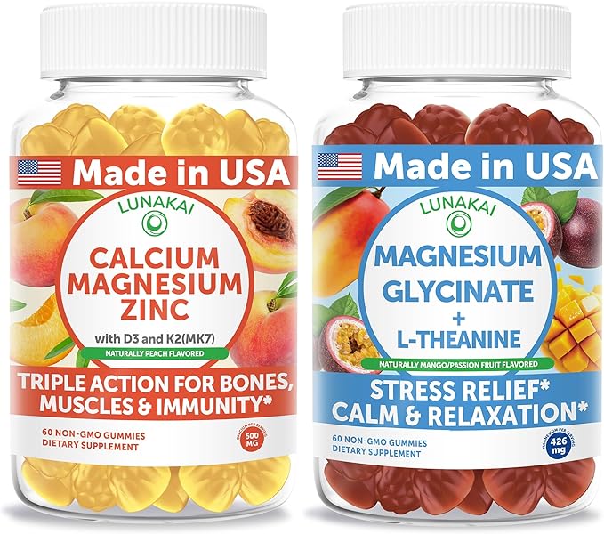 Lunakai USA Made Calcium Magnesium Zinc + Magnesium Glycinate with L-Theanine Gummies Bundle – Naturally Flavored Non-GMO – 60ct Each