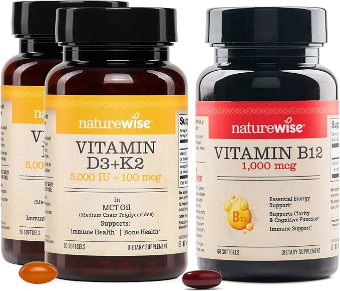 NatureWise (Pack of 2 Vegan Vitamin D3 5000IU + K2 - Organic Coconut MCT Oil - 30 Softgels[30-Day Supply] + [1] Vitamin B12 1000 mcg - Gluten-Free Non-GMO - 60 Softgels[60-Day Supply]
