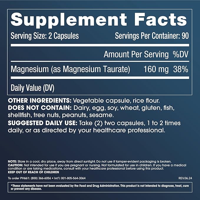 ProHealth Pure Magnesium Taurate 160mg per Serving | Optimal Bioavailability Supplement for Healthy Aging | Supports Brain Heart and Muscle Health | Third-Party Tested | 180 Capsules (3 Pack)