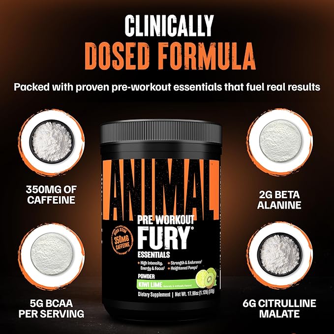 Animal Fury Pre Workout Powder - Kiwi Lime 350mg Caffeine BCAA Amino Acids 2g Beta Alanine Citrulline &amp Tyrosine Energy Focus Strength Endurance Preworkout for Men &amp Women 30 Serving