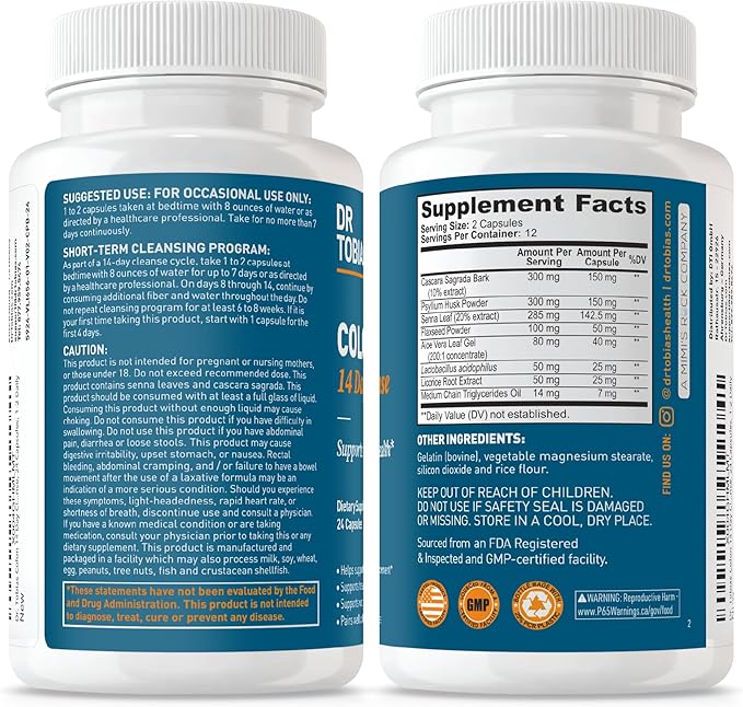 Dr. Tobias Colon Cleanse - Constipation Relief &amp Gut Health Support for Women &amp Men | 14 Day Colon Cleanser for a Gentle Colon Detox &amp Gut Flush 24 Capsules (1–2 Daily)
