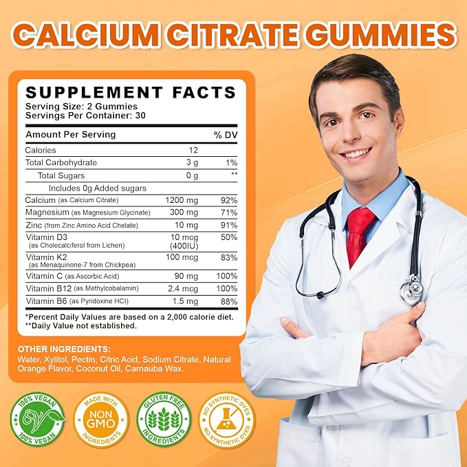 Calcium Citrate Gummies - 1200mg Calcium Gummies Supplements for Women &amp Men with Vitamin D3 K2 Magnesium Zinc High Absorption for Bone Muscle &amp Immune Support Orange Flavor 120 Count