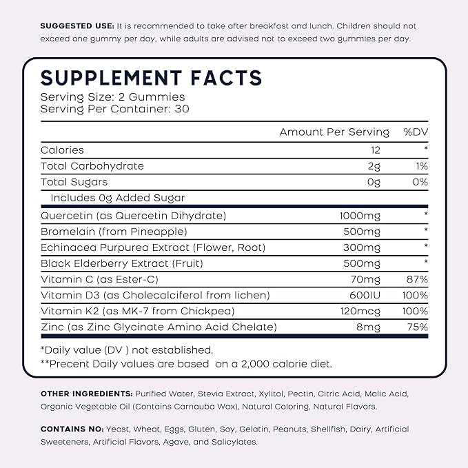 (3 Pack) Quercetin Gummies with Bromelain Zinc Elderberry Vitamin C D3 K2 Quercetin 1000mg Supplement with Bromelain 500mg for Cardiovascular Immune System &amp Allergy Vegan Gummy for Adult &amp