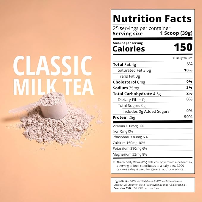 Boba Tea Protein Classic Milk Tea | 25g Grass-Fed Whey Protein Isolate Powder | Gluten-Free &amp Soy-Free Bubble Tea Protein Drink | Real Ingredients &amp Lactose-Free Protein Drink | 25 Servings