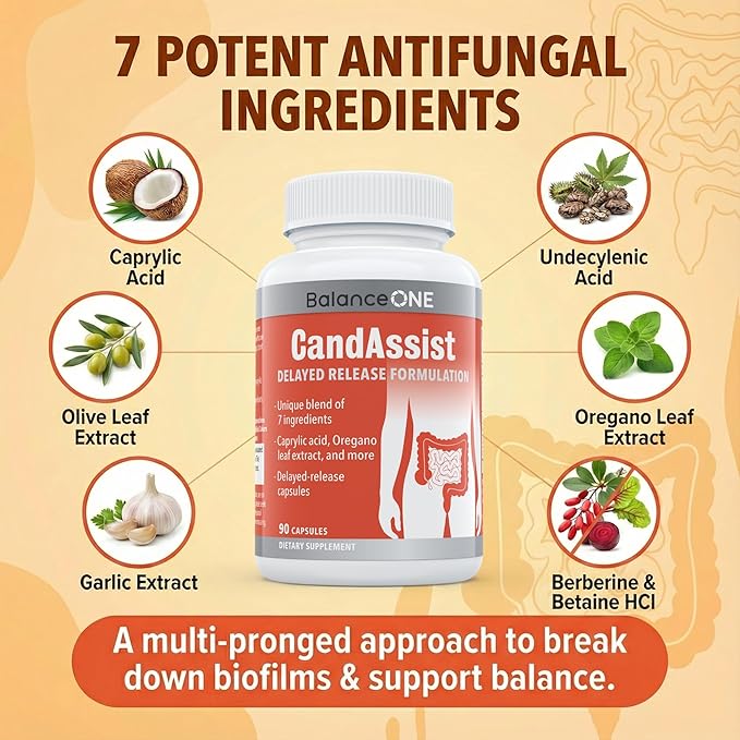 Balance ONE Candida Cleanse &amp Yeast Support Complex – Caprylic Acid Undecylenic Acid Berberine &amp Oregano Leaf – Gut Flora Balance for Women &amp Men – 90 Delayed Release Capsules – CandAssi