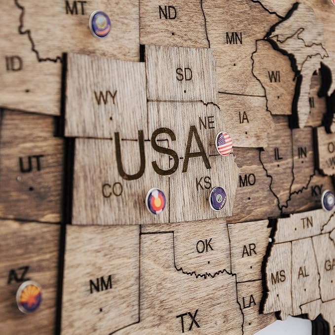 Handmade 3D Wood World Map Wall Art Large Wall Decor Track Your World Travels - Special for Home Kitchen and Office (Pins Flags Push Pins)