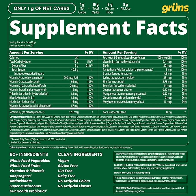 Gruns Adult Sugar-Free Super Greens Multivitamin Gummies Superfood Gummy Vitamins for Women and Men with Spirulina Chlorella Adaptogens &amp Prebiotic Fiber for Digestive Health (28 Count)