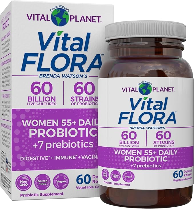Vital Planet - Vital Flora Women Over 55 Daily Probiotic 60 Billion CFU Diverse Strains Organic Prebiotics Vaginal and Immune Support Digestive Health Probiotics for Women 60 Capsules
