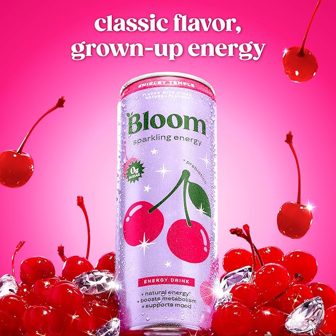 Bloom Nutrition Sparkling Energy Drink - Natural Caffeine Zero Sugar 180mg Caffeine - Antioxidant-Rich with Green Coffee Bean Green Tea Extract Prebiotics - Shirley Temple- 12oz 12 Pack