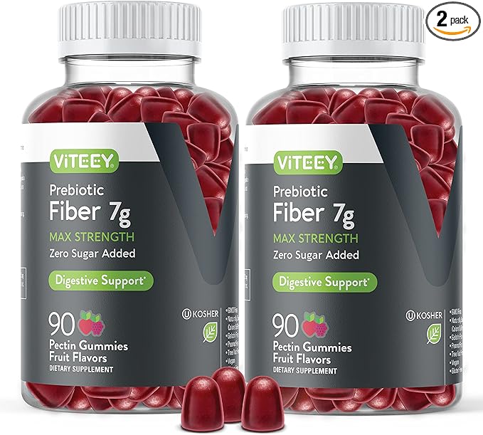 VITEEY Prebiotic Fiber Gummies for Adults 7g - Gut Health &amp Digestive Soluble Fiber Supplement Gummies - Zero Sugar Added Vegan Gluten-Free - 180 Count