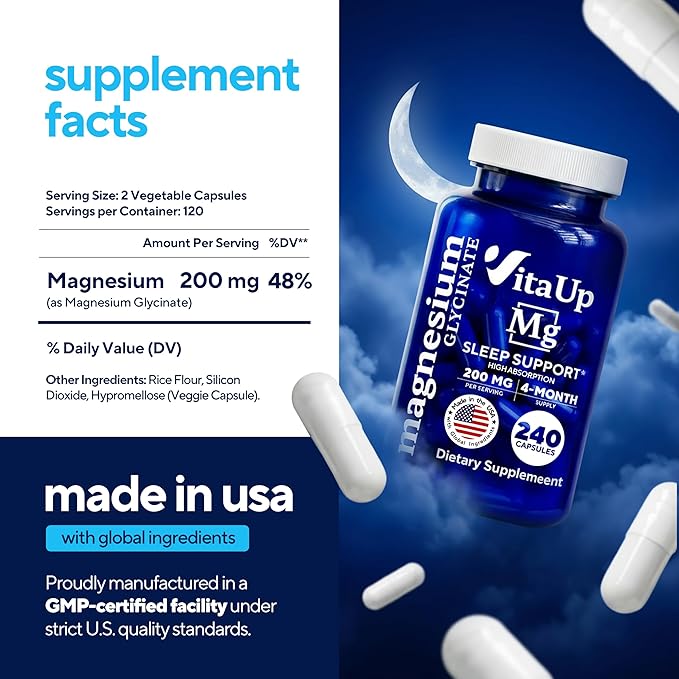 Magnesium Glycinate 200mg - USA Made Highly Absorbed Non-GMO Magnesium for Relaxation Deep Sleep Bones &amp Heart - 200mg per Serving 120 Vegan Capsules