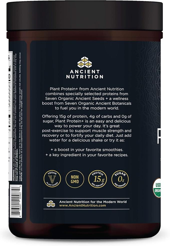 Ancient Nutrition Plant Based Protein Powder Plant Protein+ Chocolate Organic Vegan Superfoods Supplement 15g Protein Per Serving Gluten Free Paleo Friendly 12 Serving