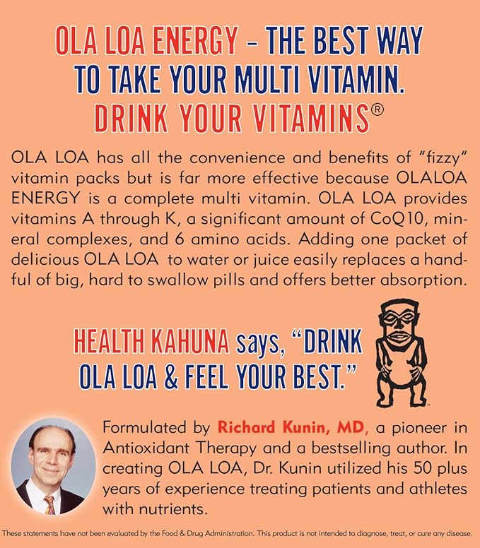 Ola Loa Energy Orange Multi Vitamin Drink Mix - Amino Energy Powder Gluten Free Detox Dairy Free Caffeine Free - Drink Your Vitamins for the Rigors of Daily Life - 30 Packets (8.25oz)