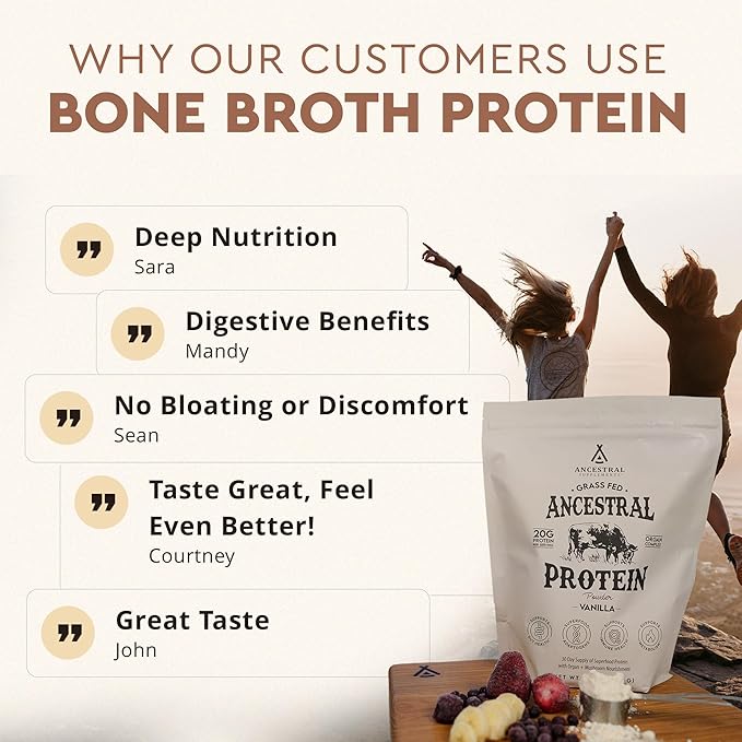 Ancestral Supplements Grass Fed Protein Powder Vanilla Beef Bone Broth Based with Beef Organs &amp Organic Mushrooms Gut Health Support High Protein Supplement 20g Protein Per Serving 30 Day Su