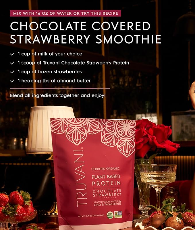 Truvani Vegan Pea Protein Powder | Chocolate Strawberry | 20g Organic Plant Based Protein | Single Serving Travel Packets | 10 Servings | Keto | Gluten &amp Dairy Free | Low Carb | No Added Sugar