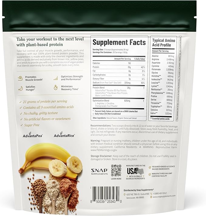 Snap Supplements Organic Plant Based Vegan Protein Powder Nitric Oxide Boosting Protein Powder BCAA Amino Acid for Muscle Growth Performance &amp Recovery - 30 Servings (Banana)