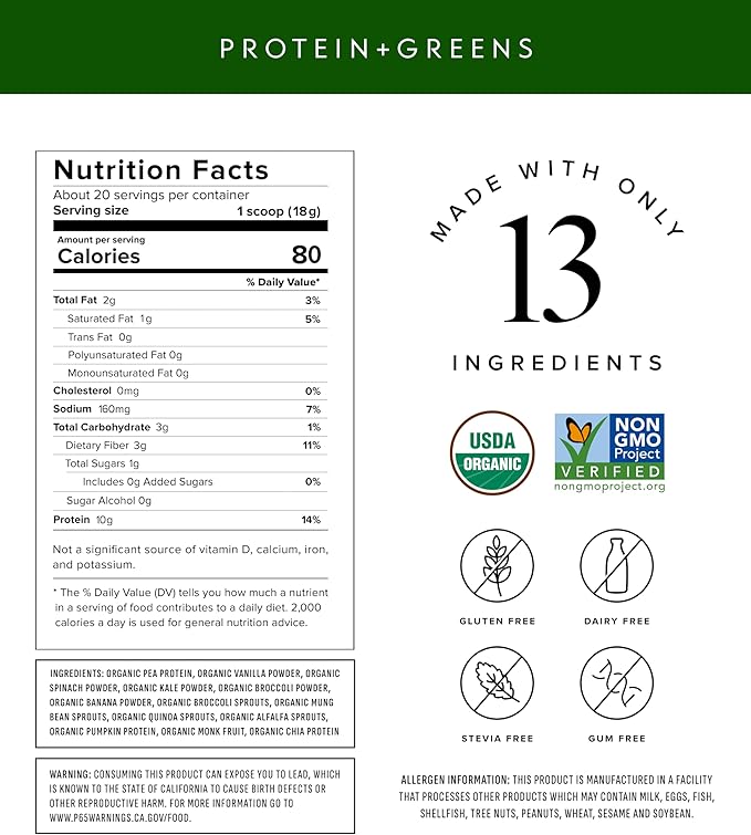 Truvani Protein + Greens Supplement | Spinach Kale &amp Broccoli | 10g Organic Plant Based Protein | 20 Servings | USDA Organic | Gluten &amp Dairy Free | Vegan | No Added Sugar