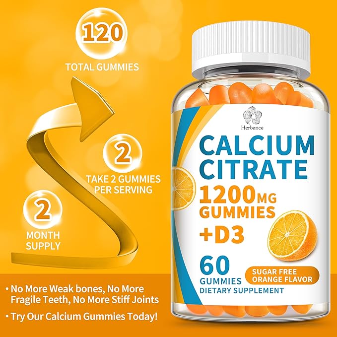 (2 Pack) Calcium Citrate 1200 mg Gummies with Vitamin D3 High Absorption Calcium Supplements for Women &amp Men Sugar Free Non-GMO Gluten Free Supports Muscle &amp Immune - Orange Flavor