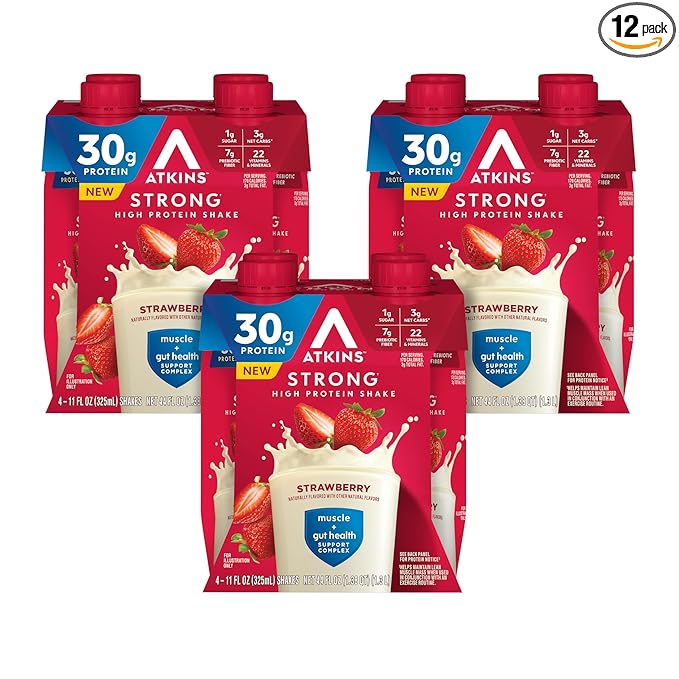 Atkins Strong High Protein Shake Strawberry Flavored 30g Protein 7g Prebiotic Fiber 1g Sugar Muscle and Gut Health Support GLP-1 Support Low Carb and Low Protein Shake Gluten Free 12 Count