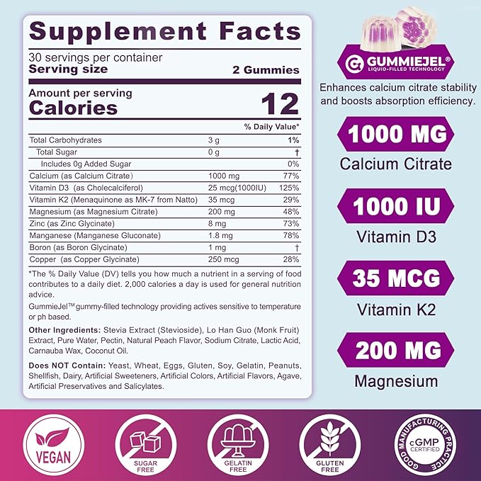 Sugar Free Calcium Citrate Gummies for Women &amp Men 1000mg Vitamin D3 K2 Magnesium Zinc Boron Manganese Copper Ultimate Absorption Calcium Supplements for Bone Muscle &amp Immune - Vegan