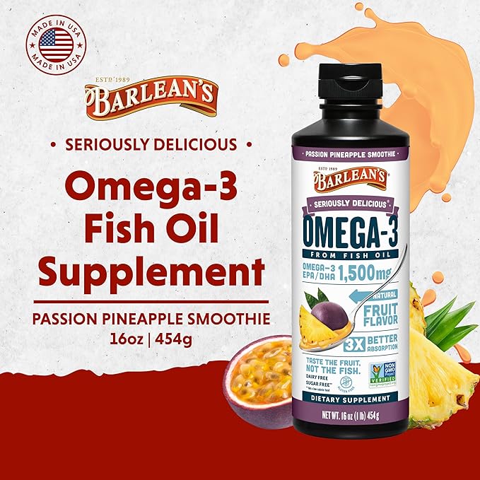 Barlean's Omega 3 Fish Oil Liquid Supplement for Men and Women 1500mg of EPA and DHA Fatty Acid Promotes Brain &amp Heart Health - Non-GMO Passion Pineapple Smoothie 16 oz