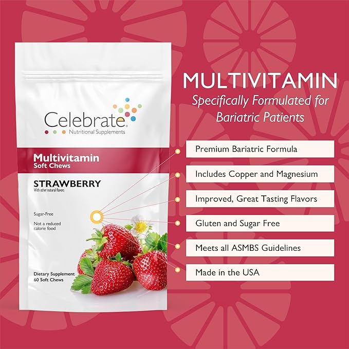 Celebrate Vitamins Bariatric Multivitamin Soft Chews - Essential Vitamins &amp Minerals Sugar &amp Gluten Free - Gastric Bypass &amp Sleeve Gastrectomy Supplement - Strawberry (60ct)
