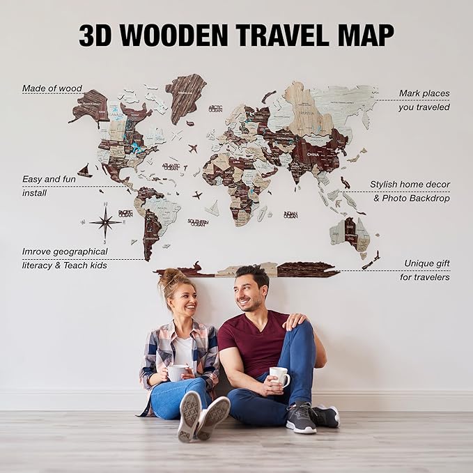 Handmade 3D Wood World Map Wall Art Large Wall Decor Track Your World Travels - Special for Home Kitchen and Office (Medium Cappuccino)