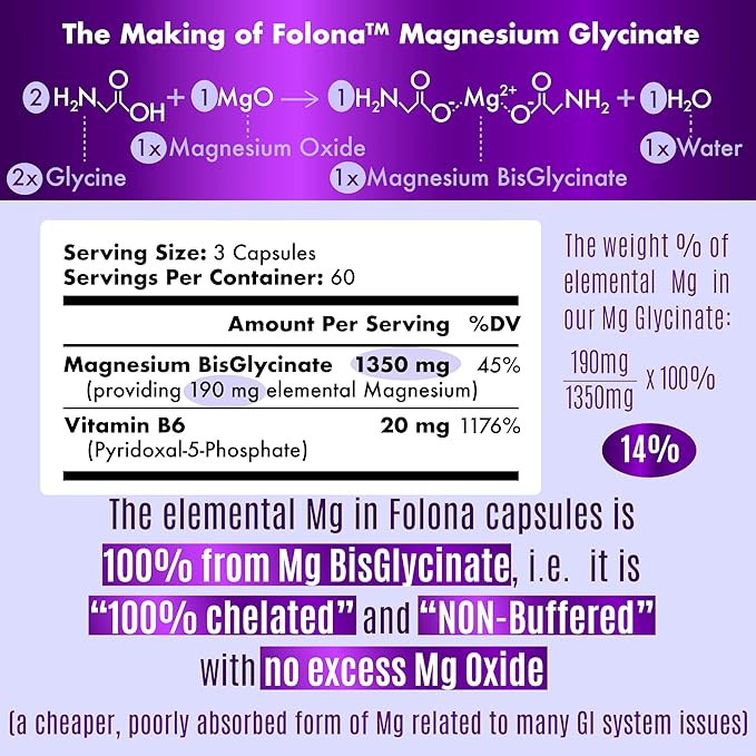 Magnesium Glycinate with Vitamin B6 Research Proven to Enhance Absorption 1350mg Fully Chelated - Supports Sleep Stress Relief Energy Muscle Cramps - Gluten Free NonGMO 180 Vegan Capsules