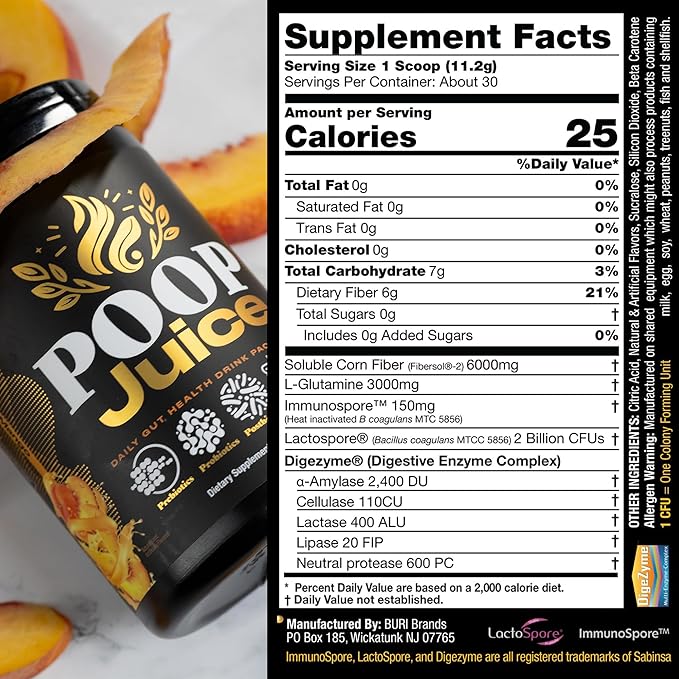 Poop Juice 5-in-1 Daily Fiber Supplement Powder - Bloat &amp Poop Relief - Prebiotic Probiotic Postbiotic Digestive Enzymes L-Glutamine - GLP-1 Support - Sugar-Free Georgia Peach Mango (30 Servin