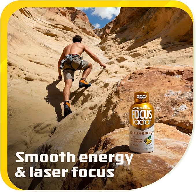 Focus Factor Extra Strength Focus + Energy Shots - 12 x 2oz Bottles (Pineapple Paradise Flavor) - Powered by Nootropics with Caffeine L-Theanine Ginkgo Bacopa L-Tyrosine Alpha GPC