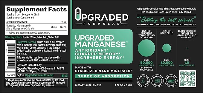 Upgraded Formulas Manganese Supplement with Liquid Nano Minerals - Antioxidant Sharper Memory and Increased Energy - Vegan Paleo (2 Fluid Ounces)