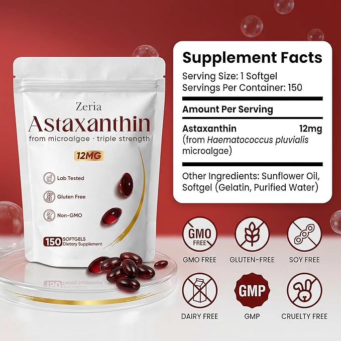 Zeria Astaxanthin 12mg Natural Microalgae Antioxidant Supplements Helps Protect Cells from Oxidative Stress Skin Firmness &amp Elasticity Promotes Healthy Skin and Eyes 150 Softgels