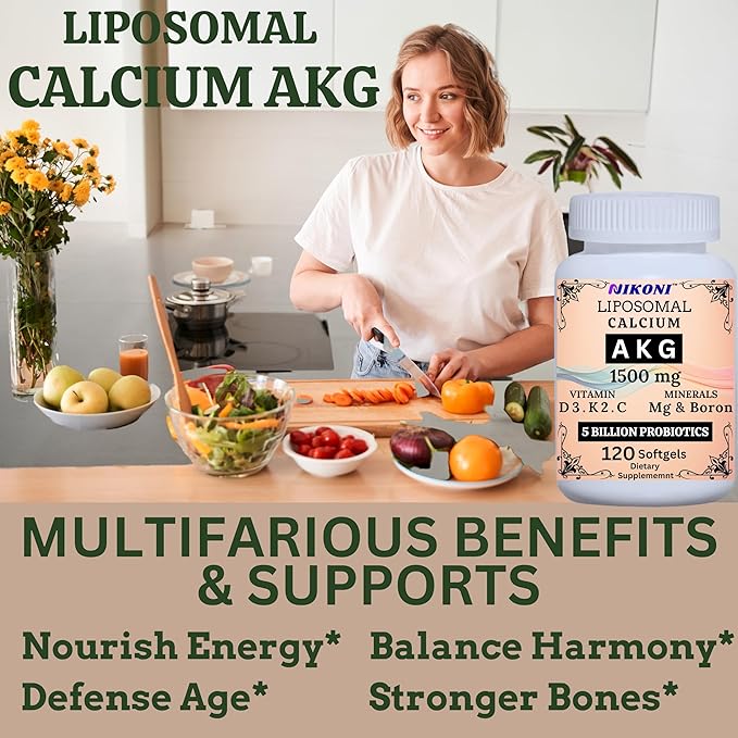 Liposomal Calcium AKG 1500mg Vitamin C D3 K2 Mg+ &amp Probiotics Supplement-120 Softgels
