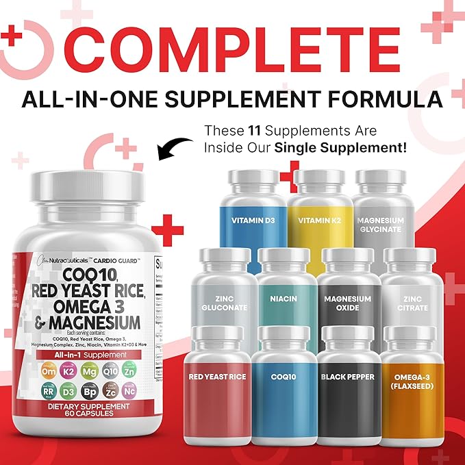 Clean Nutraceuticals COQ10 200mg Red Yeast Rice Omega 3 Magnesium Complex 500mg Niacin Zinc Vitamin K2 D3 - Heart Support Vitamins for Women &amp Men w/Vitamin B3 Coenzyme Q10-60 Ct