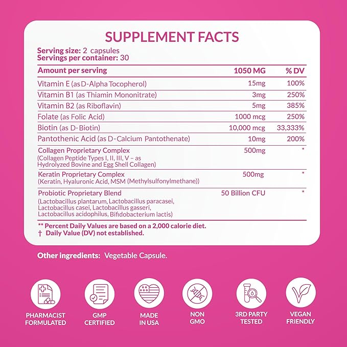 Advanced Women's Probiotics for Gut Health with Hair Skin &amp Nails Vitamins Support - 50 Billion CFU w/Collagen Biotin &amp Keratin - Probiotic Supplement for Digestive Health &amp Bloating Re