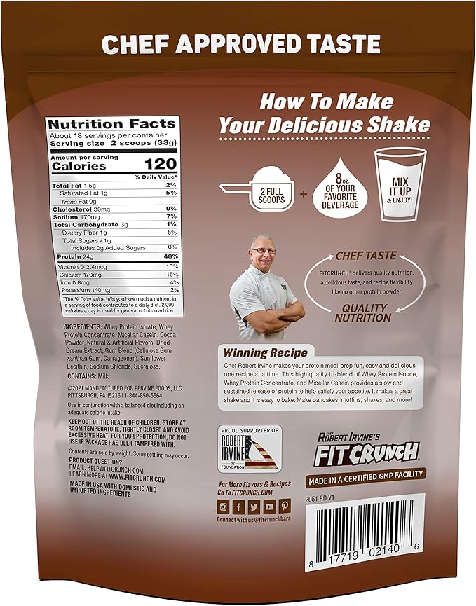 FITCRUNCH Tri-Blend Whey Protein Keto Friendly Low Calories High Protein Gluten Free Soy Free (18 Servings Chocolate Deluxe)
