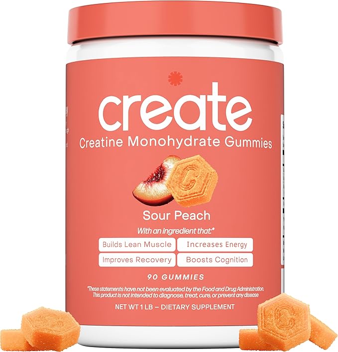 Create Creatine Monohydrate Gummies for Men &amp Women Boost Focus Strength and Endurance Anti-Melting Formula Vegan Gluten-Free Non-GMO 1.5g of Creatine per Gummy (Sour Peach)