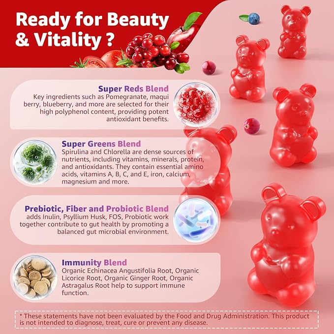 Super Greens &amp Reds Gummies Daily Greens &amp Polyphenol Superfood Superfood Fruits and Veggies Gummies with Super Fruits and Berries Powerful Antioxidants and Polyphenols Supports Energy 12