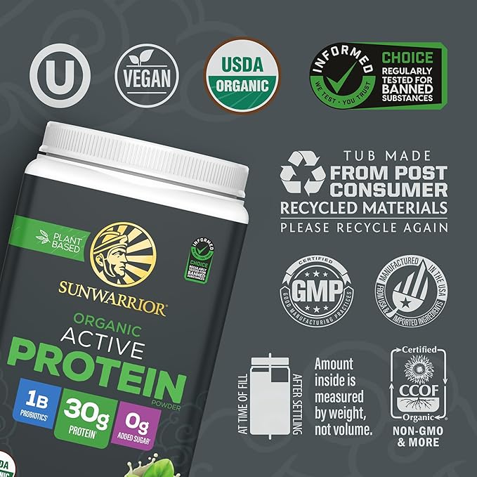 Sunwarrior Organic Plant Based Protein Powder | Vegan Organic Protein Powder with BCAA Amino Acids Plus Recovery Minerals &amp Botanicals | Non-GMO Soy Dairy &amp Gluten Free (Unflavored 20 Serving