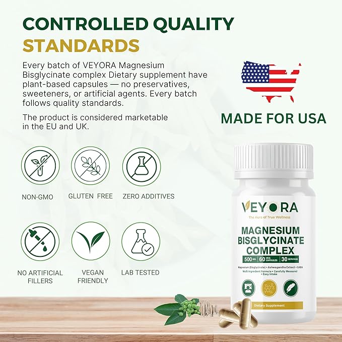 Magnesium Bisglycinate Complex Capsules | 120 mg Magnesium per Serving | with KSM-66® Ashwagandha GABA L-Theanine &amp Melatonin | 60 Veg Capsules | Made for USA
