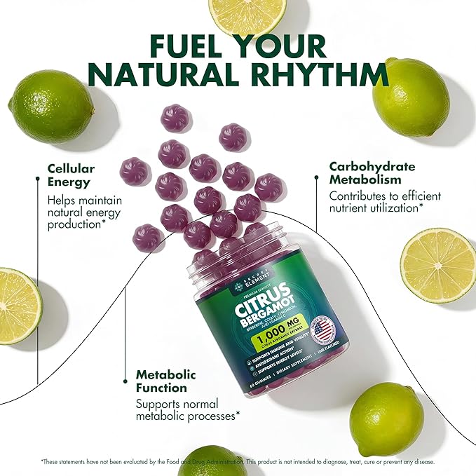 Citrus Bergamot 1000MG Gummies for Women and Men Citrus Bergamot Extract with Berberine CoQ10 Chromium &amp Vitamin C Metabolic &amp Antioxidant Support Sugar Free Vegan Lime Flavor 60 Gummi