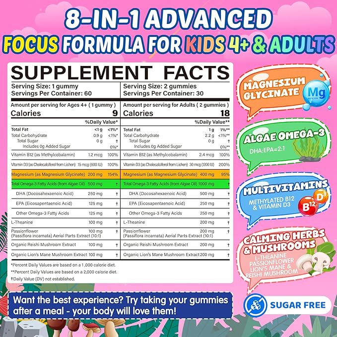 Focus Gummies for Kids &amp Adults w/Magnesium Glycinate Omega-3 DHA Lion's Mane L-Theanine Methyl B12 &amp Vitamin D3 Brain Supplement Support Calm Sleep Attention Concentration and Memory