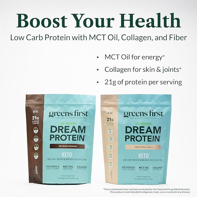 Greens First Dream Protein Powder Keto - 21g Protein Per Serving - Low Carb - with MCT Oil &amp Collagen - Non-GMO Gluten-Free Caffeine-Free (Creamy French Vanilla 26.39 oz)