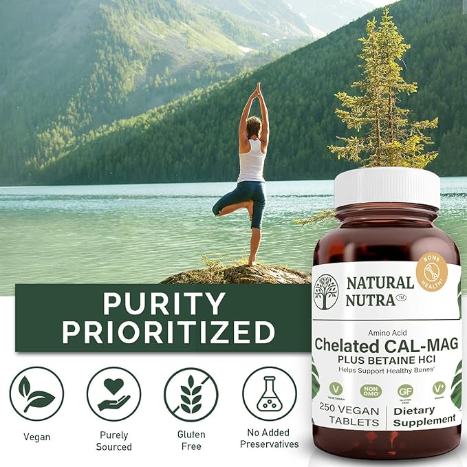 Natural Nutra Chelated Calcium Magnesium 1000/500 mg Supplements Plus Betaine HCL - Chelated Cal Mag Improves Bone Density Supports Muscle Teeth Cardiovascular &amp Nerve Health 250 Vegan Tablets